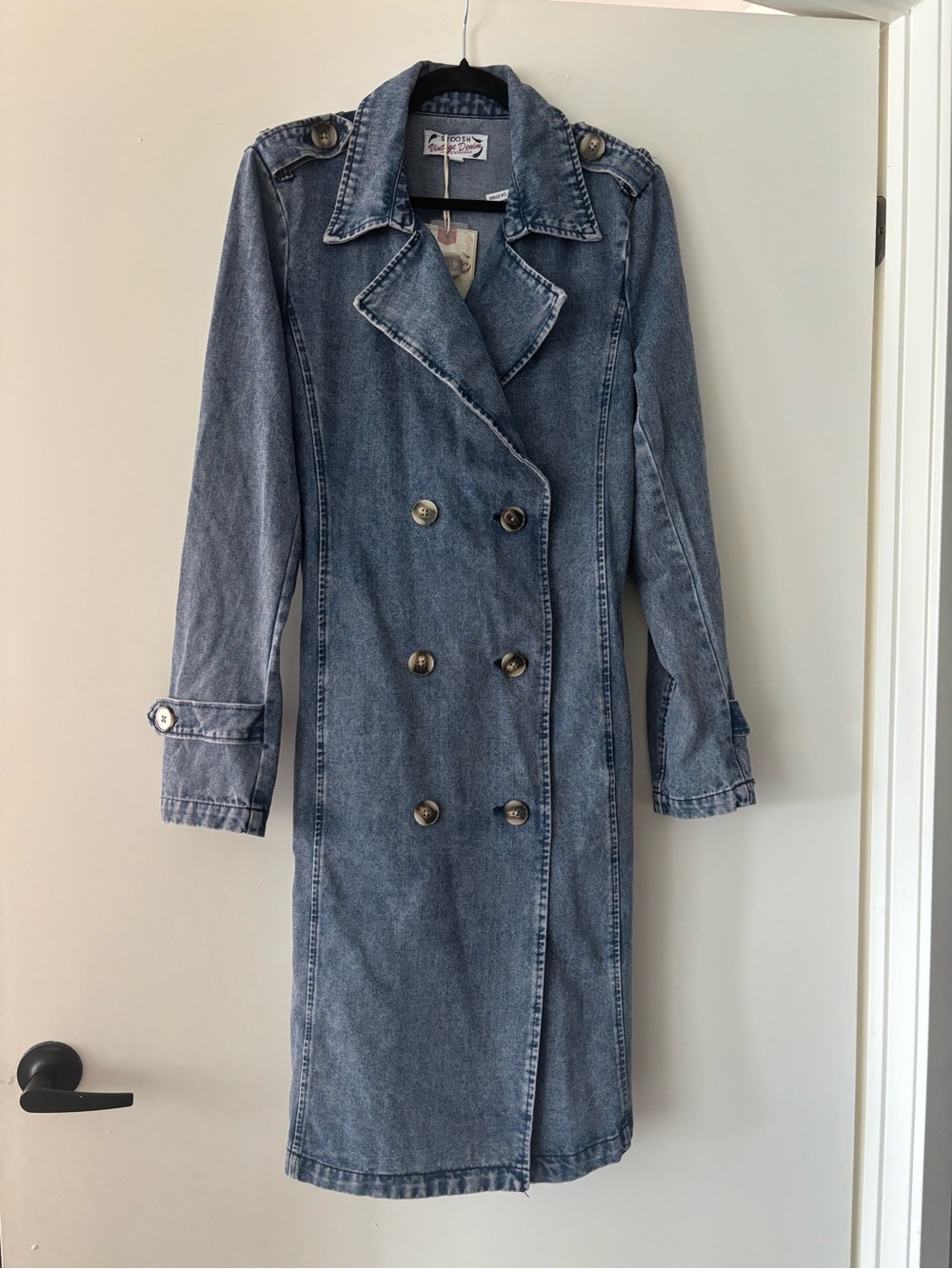 26 International Blue Denim Double-Breasted Trench Coat